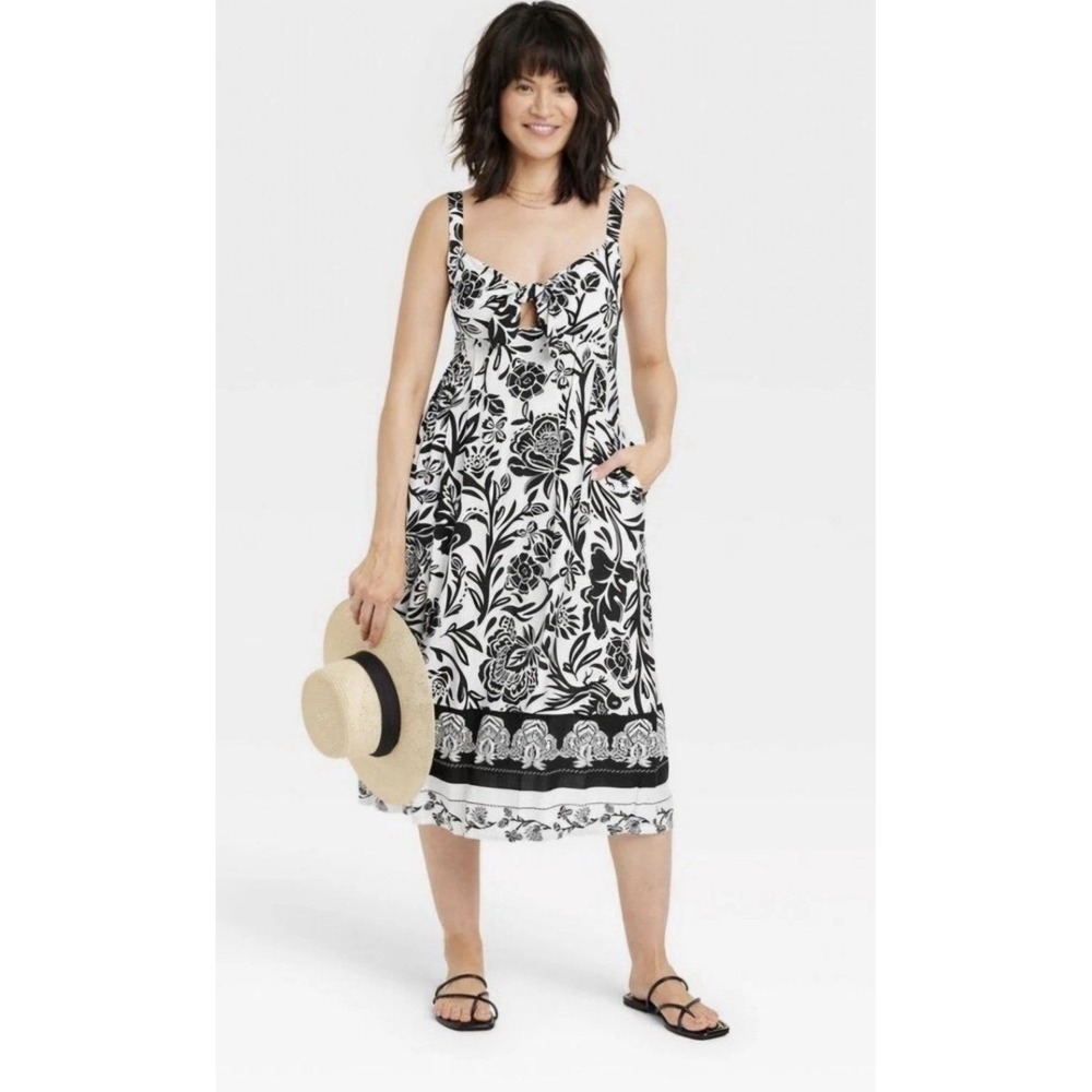 Knox Rose Black & White Floral Midi Dress Knot Keyhole Front and Smocked Back XS